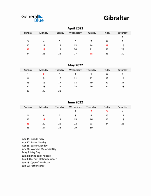 Printable Quarterly Calendar with Notes and Gibraltar Holidays- Q2 of 2022