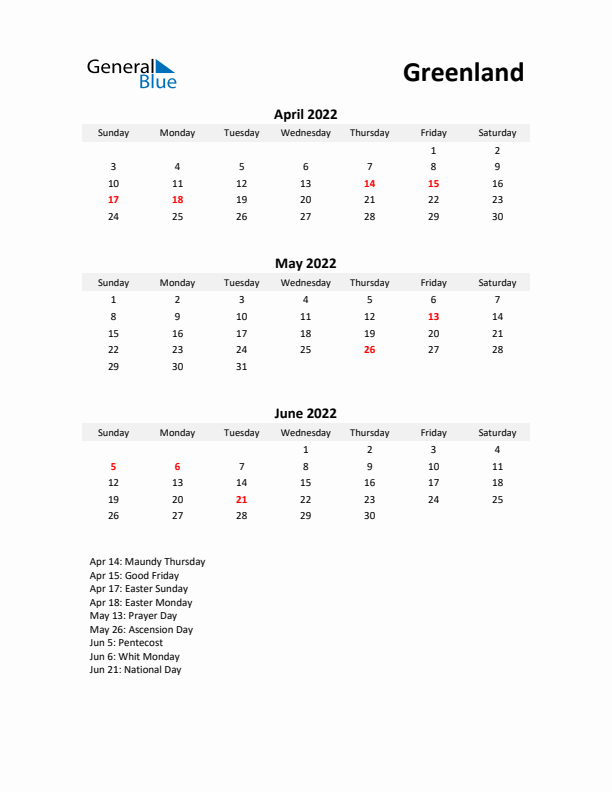 Printable Quarterly Calendar with Notes and Greenland Holidays- Q2 of 2022