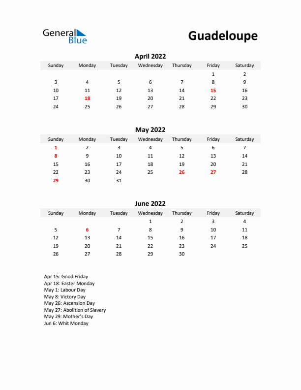 Printable Quarterly Calendar with Notes and Guadeloupe Holidays- Q2 of 2022