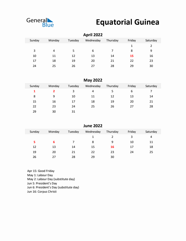 Printable Quarterly Calendar with Notes and Equatorial Guinea Holidays- Q2 of 2022