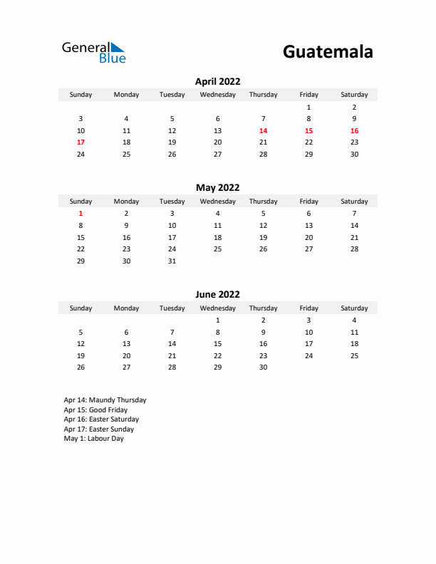 Printable Quarterly Calendar with Notes and Guatemala Holidays- Q2 of 2022