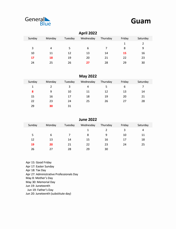 Printable Quarterly Calendar with Notes and Guam Holidays- Q2 of 2022