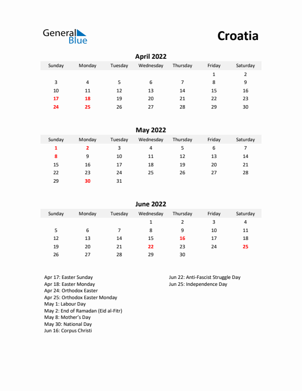 Printable Quarterly Calendar with Notes and Croatia Holidays- Q2 of 2022