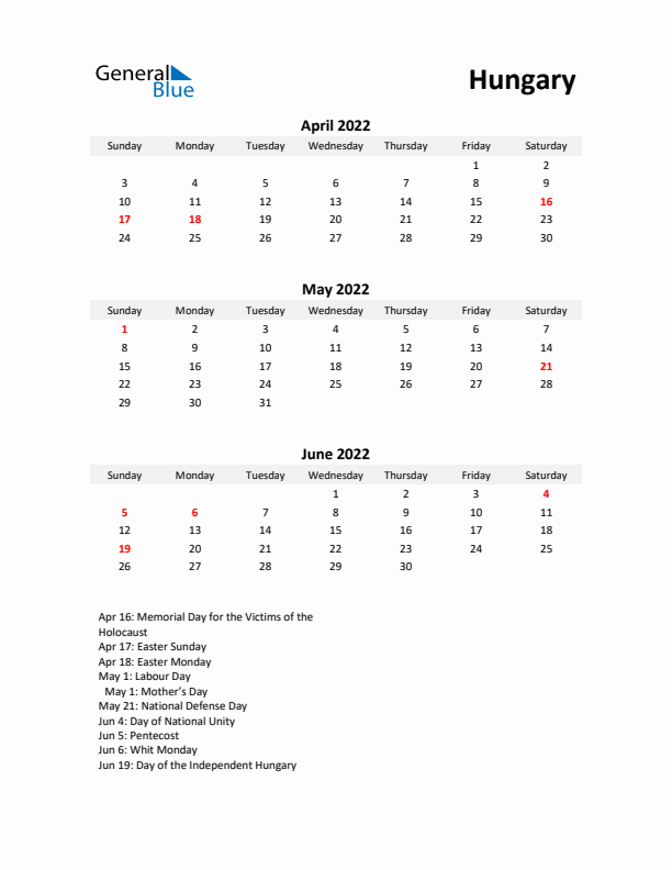 Printable Quarterly Calendar with Notes and Hungary Holidays- Q2 of 2022