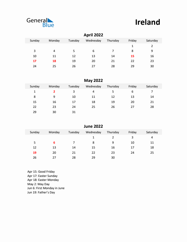 Printable Quarterly Calendar with Notes and Ireland Holidays- Q2 of 2022