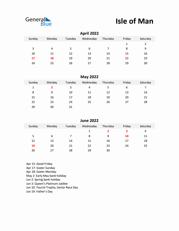 Printable Quarterly Calendar with Notes and Isle of Man Holidays- Q2 of 2022