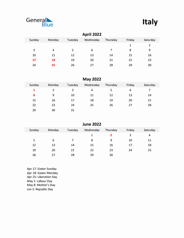 Printable Quarterly Calendar with Notes and Italy Holidays- Q2 of 2022