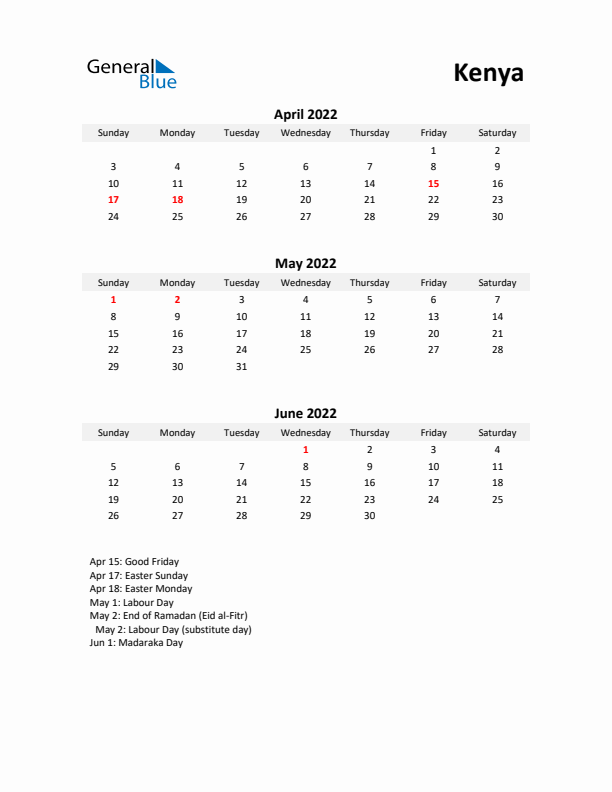 Printable Quarterly Calendar with Notes and Kenya Holidays- Q2 of 2022