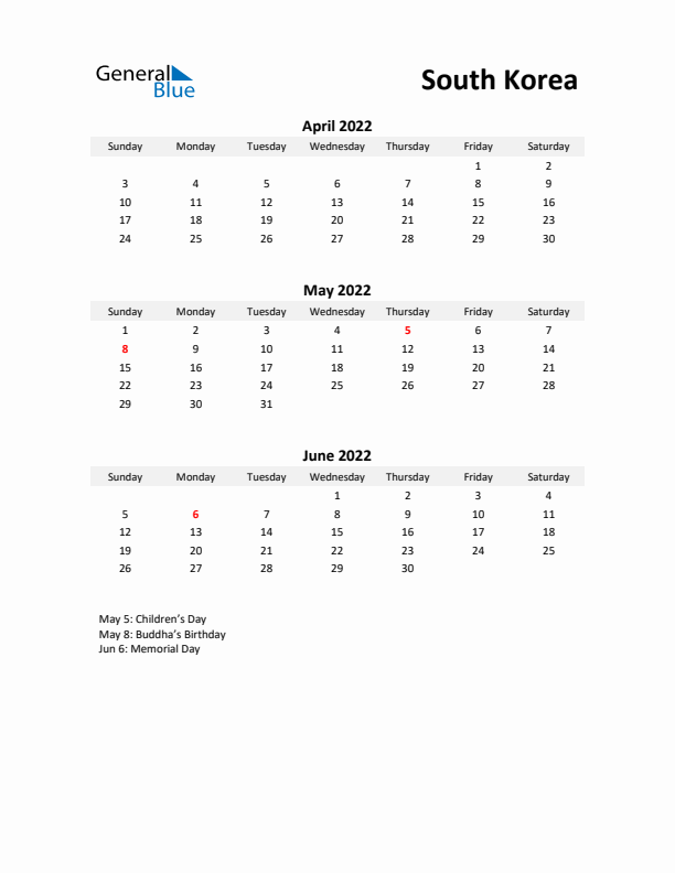 Printable Quarterly Calendar with Notes and South Korea Holidays- Q2 of 2022