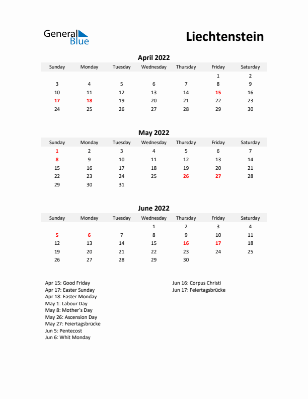 Printable Quarterly Calendar with Notes and Liechtenstein Holidays- Q2 of 2022