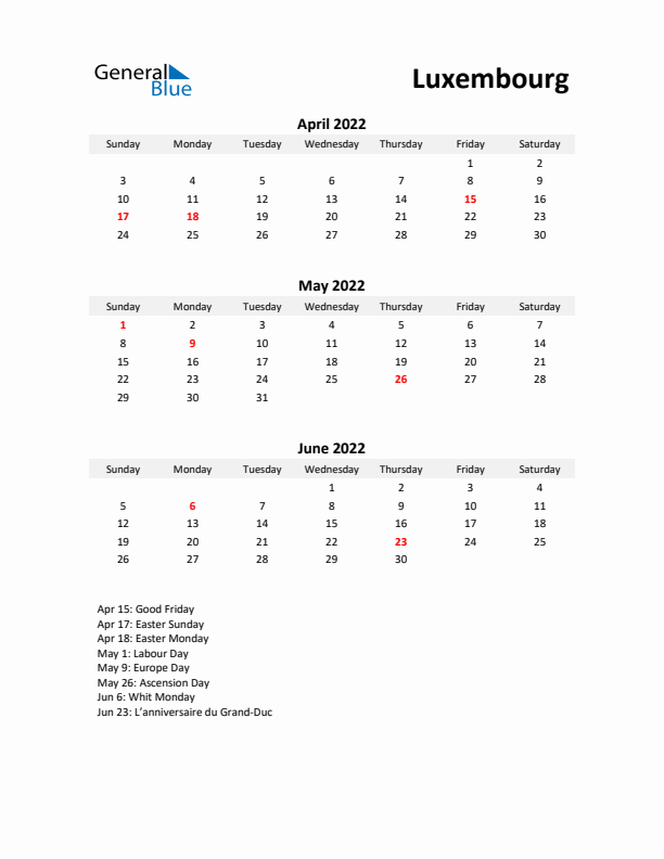 Printable Quarterly Calendar with Notes and Luxembourg Holidays- Q2 of 2022