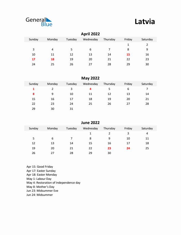 Printable Quarterly Calendar with Notes and Latvia Holidays- Q2 of 2022