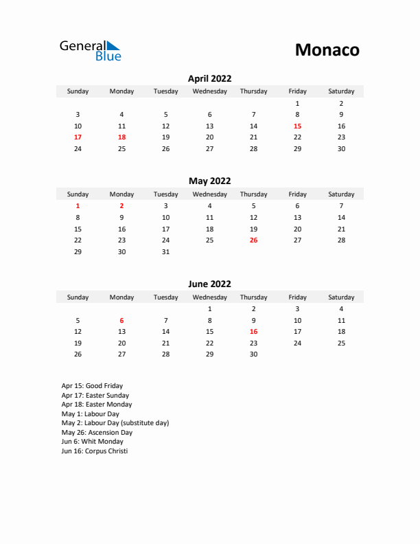 Printable Quarterly Calendar with Notes and Monaco Holidays- Q2 of 2022