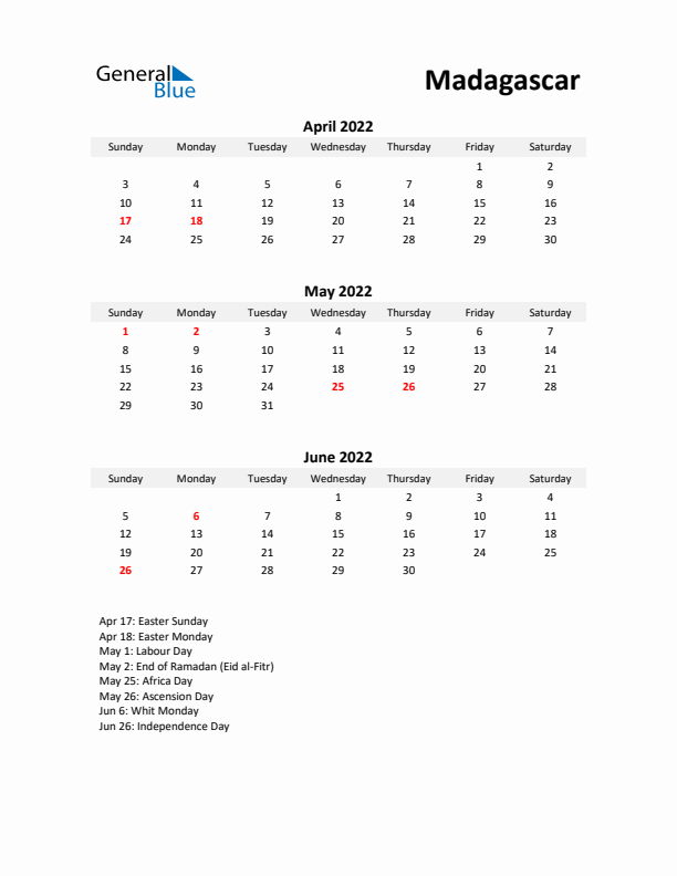 Printable Quarterly Calendar with Notes and Madagascar Holidays- Q2 of 2022