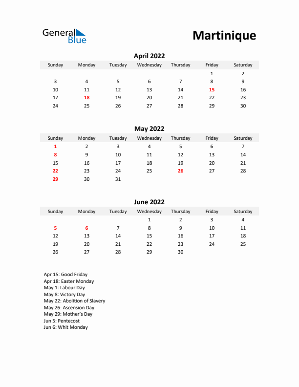 Printable Quarterly Calendar with Notes and Martinique Holidays- Q2 of 2022