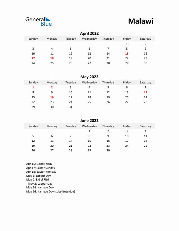 Printable Quarterly Calendar with Notes and Malawi Holidays- Q2 of 2022