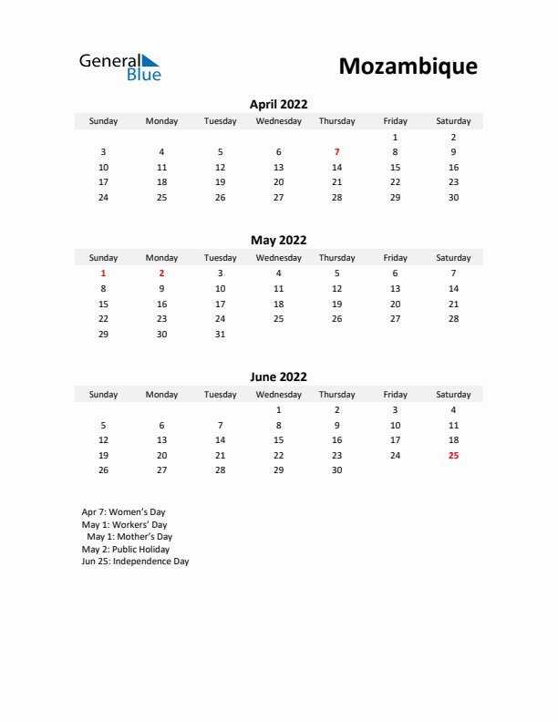 Printable Quarterly Calendar with Notes and Mozambique Holidays- Q2 of 2022