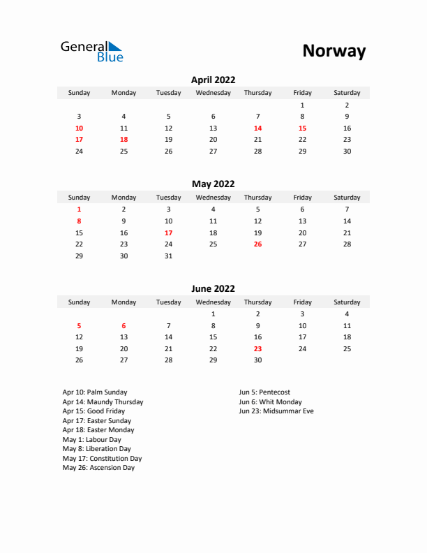 Printable Quarterly Calendar with Notes and Norway Holidays- Q2 of 2022