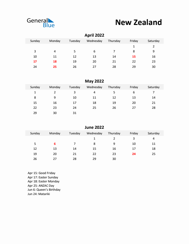 Printable Quarterly Calendar with Notes and New Zealand Holidays- Q2 of 2022