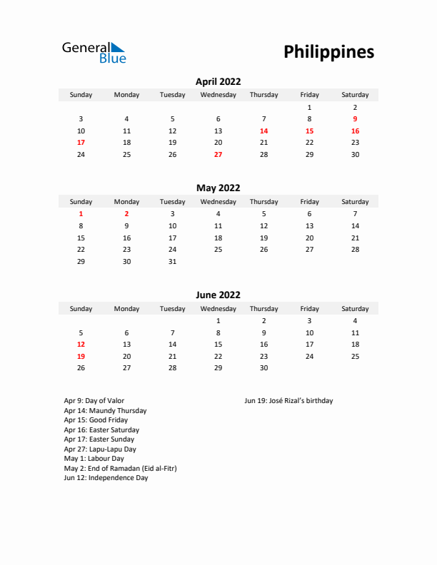 Printable Quarterly Calendar with Notes and Philippines Holidays- Q2 of 2022