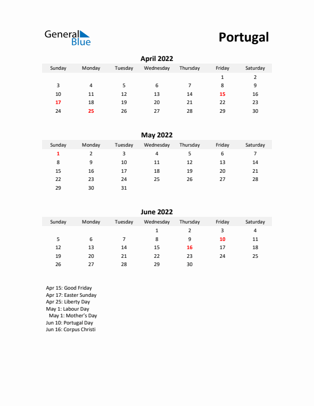 Printable Quarterly Calendar with Notes and Portugal Holidays- Q2 of 2022