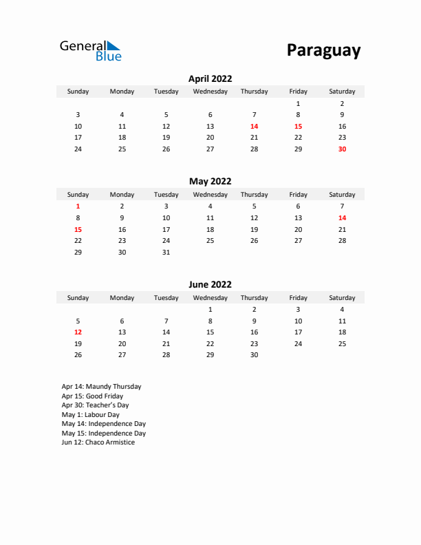 Printable Quarterly Calendar with Notes and Paraguay Holidays- Q2 of 2022