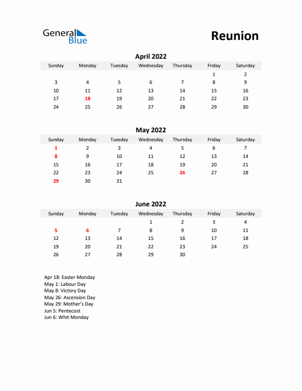 Printable Quarterly Calendar with Notes and Reunion Holidays- Q2 of 2022