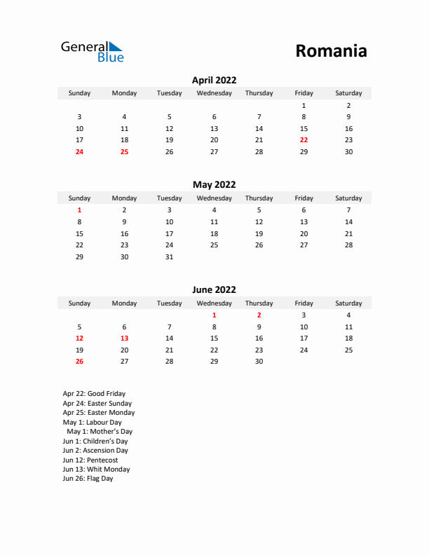 Printable Quarterly Calendar with Notes and Romania Holidays- Q2 of 2022