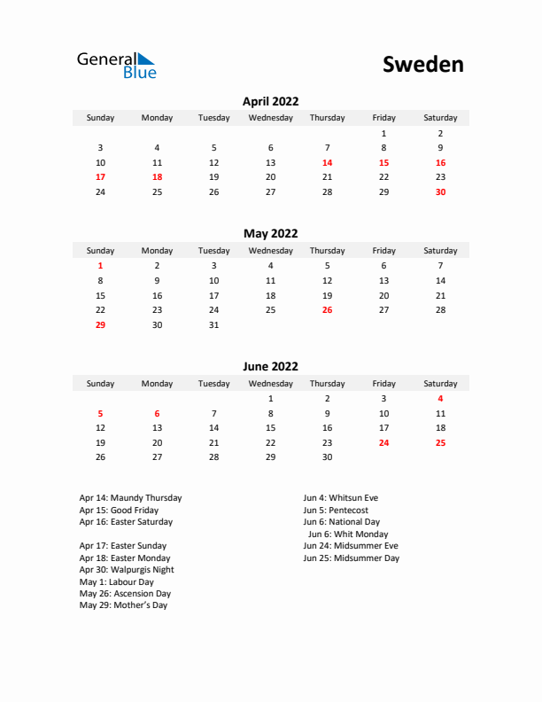 Printable Quarterly Calendar with Notes and Sweden Holidays- Q2 of 2022