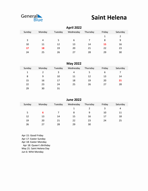 Printable Quarterly Calendar with Notes and Saint Helena Holidays- Q2 of 2022