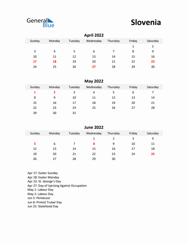 Printable Quarterly Calendar with Notes and Slovenia Holidays- Q2 of 2022