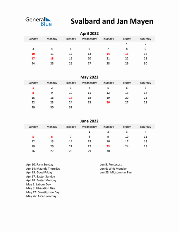 Printable Quarterly Calendar with Notes and Svalbard and Jan Mayen Holidays- Q2 of 2022