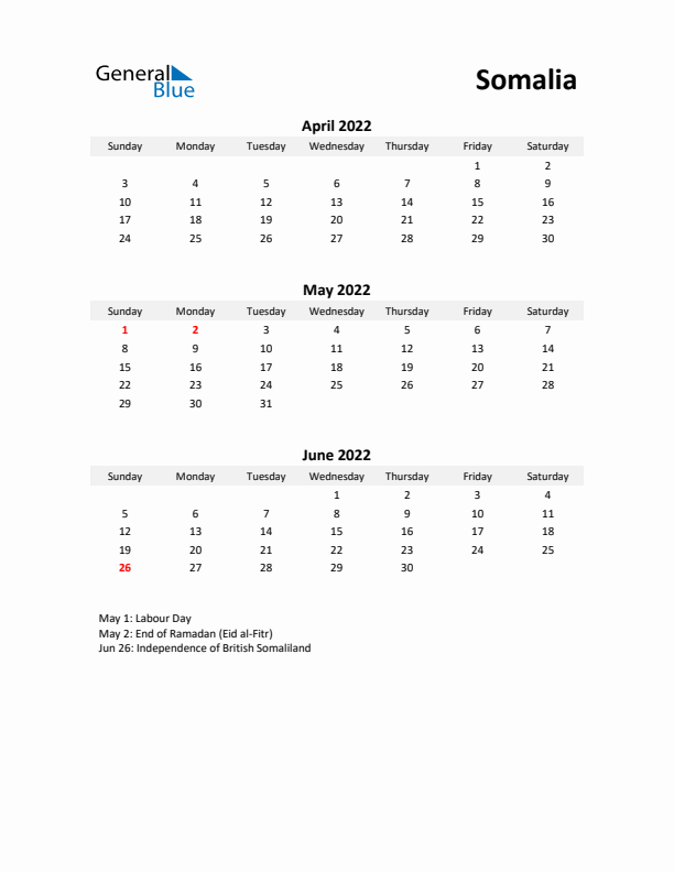 Printable Quarterly Calendar with Notes and Somalia Holidays- Q2 of 2022