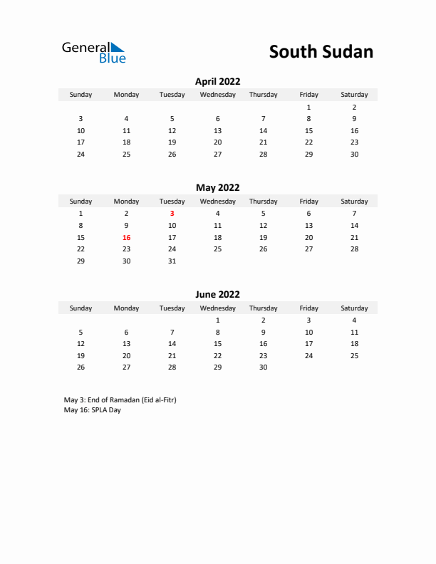 Printable Quarterly Calendar with Notes and South Sudan Holidays- Q2 of 2022