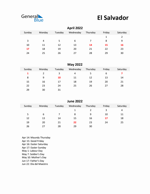 Printable Quarterly Calendar with Notes and El Salvador Holidays- Q2 of 2022