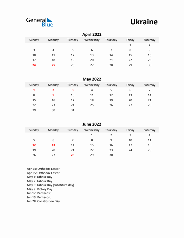 Printable Quarterly Calendar with Notes and Ukraine Holidays- Q2 of 2022