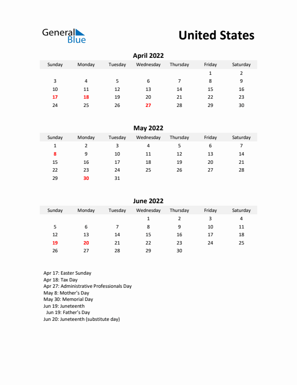 Printable Quarterly Calendar with Notes and United States Holidays- Q2 of 2022