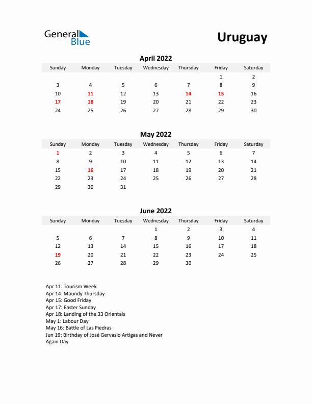 Printable Quarterly Calendar with Notes and Uruguay Holidays- Q2 of 2022