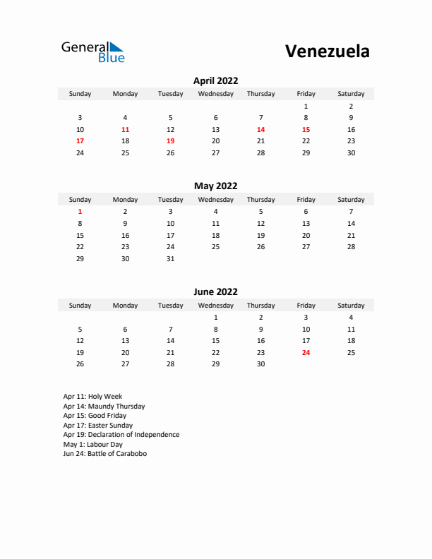 Printable Quarterly Calendar with Notes and Venezuela Holidays- Q2 of 2022