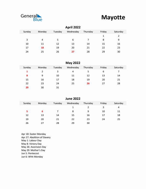 Printable Quarterly Calendar with Notes and Mayotte Holidays- Q2 of 2022