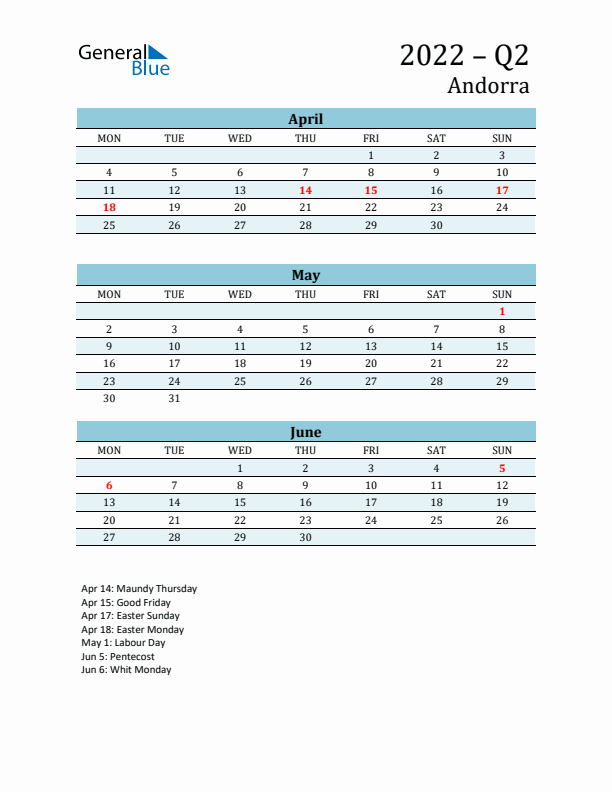 Three-Month Planner for Q2 2022 with Holidays - Andorra