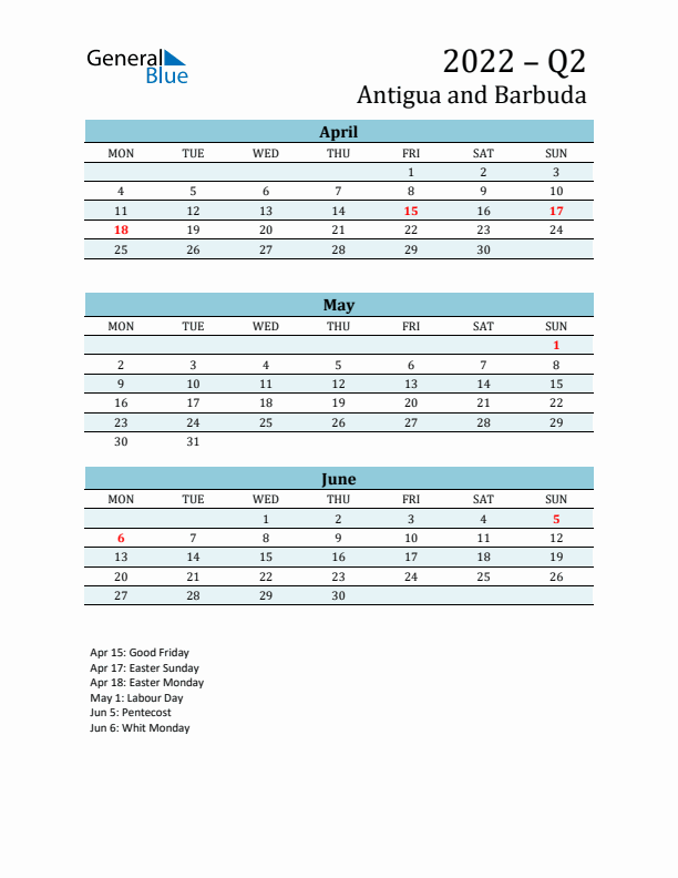 Three-Month Planner for Q2 2022 with Holidays - Antigua and Barbuda