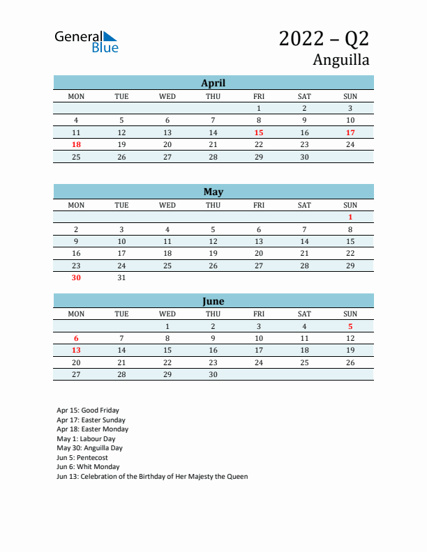 Three-Month Planner for Q2 2022 with Holidays - Anguilla