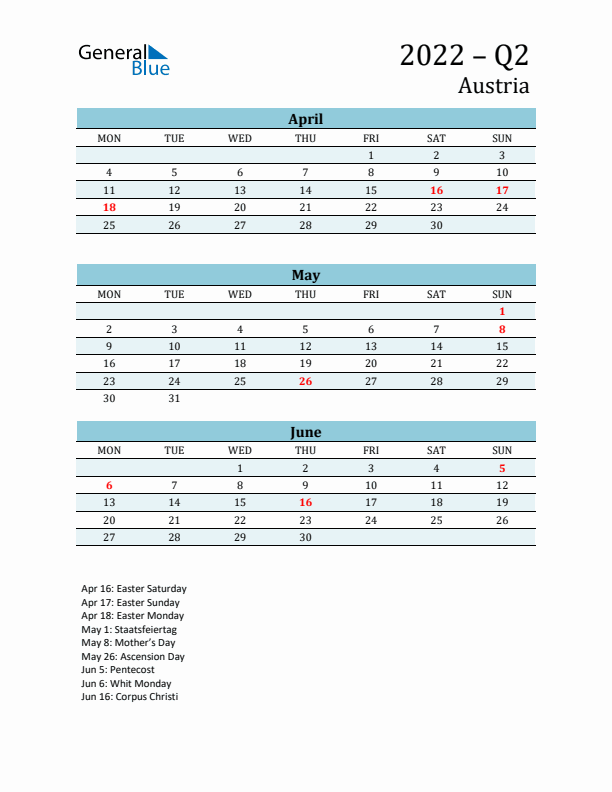 Three-Month Planner for Q2 2022 with Holidays - Austria