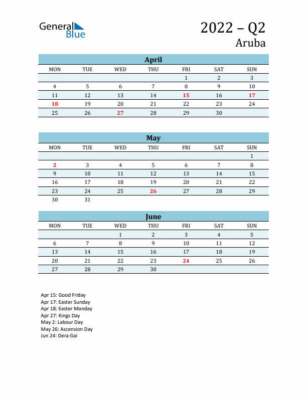 Three-Month Planner for Q2 2022 with Holidays - Aruba