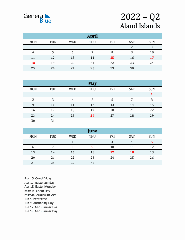 Three-Month Planner for Q2 2022 with Holidays - Aland Islands