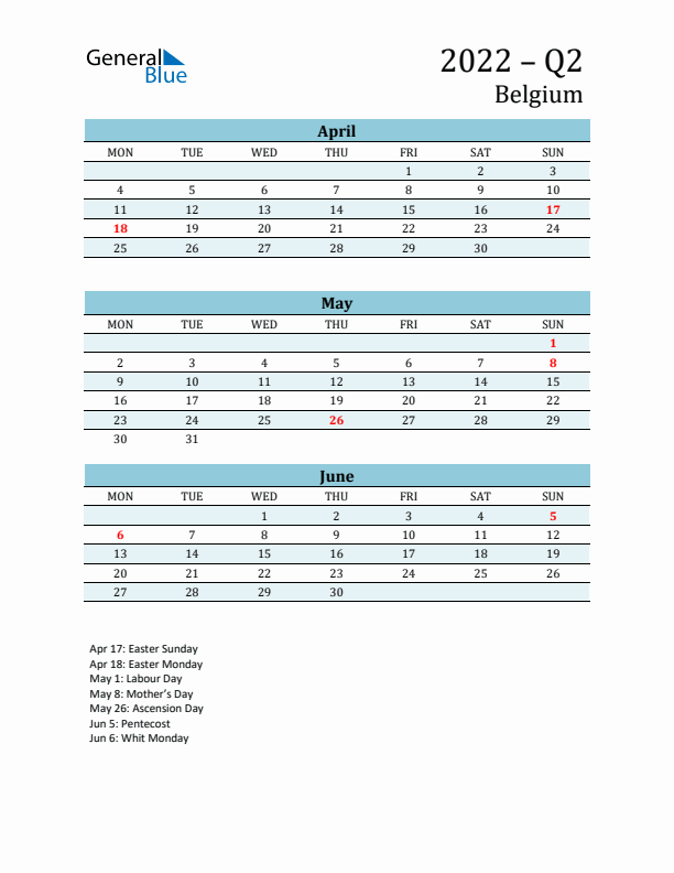 Three-Month Planner for Q2 2022 with Holidays - Belgium