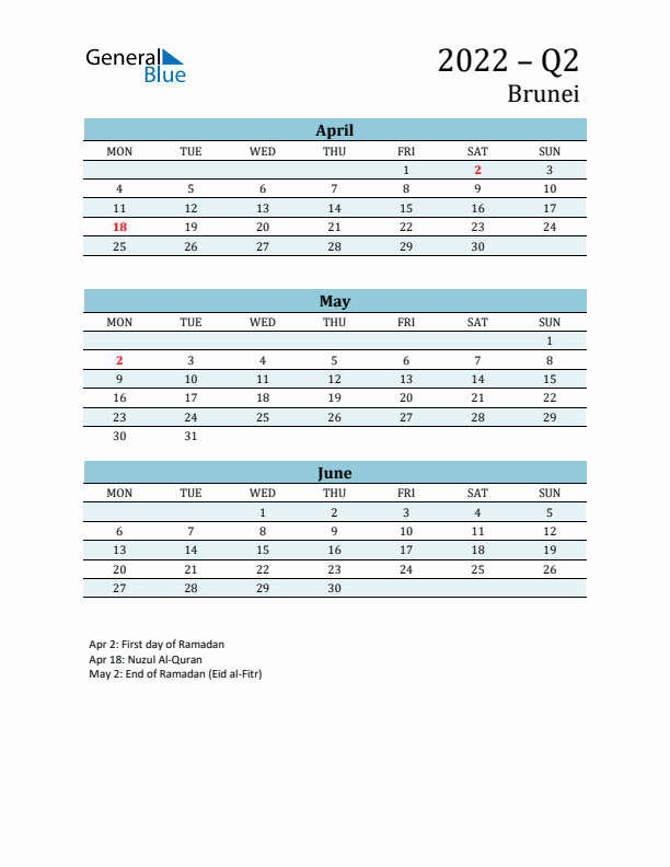 Three-Month Planner for Q2 2022 with Holidays - Brunei