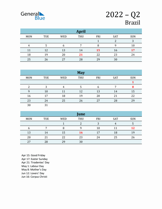 Three-Month Planner for Q2 2022 with Holidays - Brazil