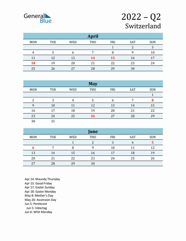 Three-Month Planner for Q2 2022 with Holidays - Switzerland